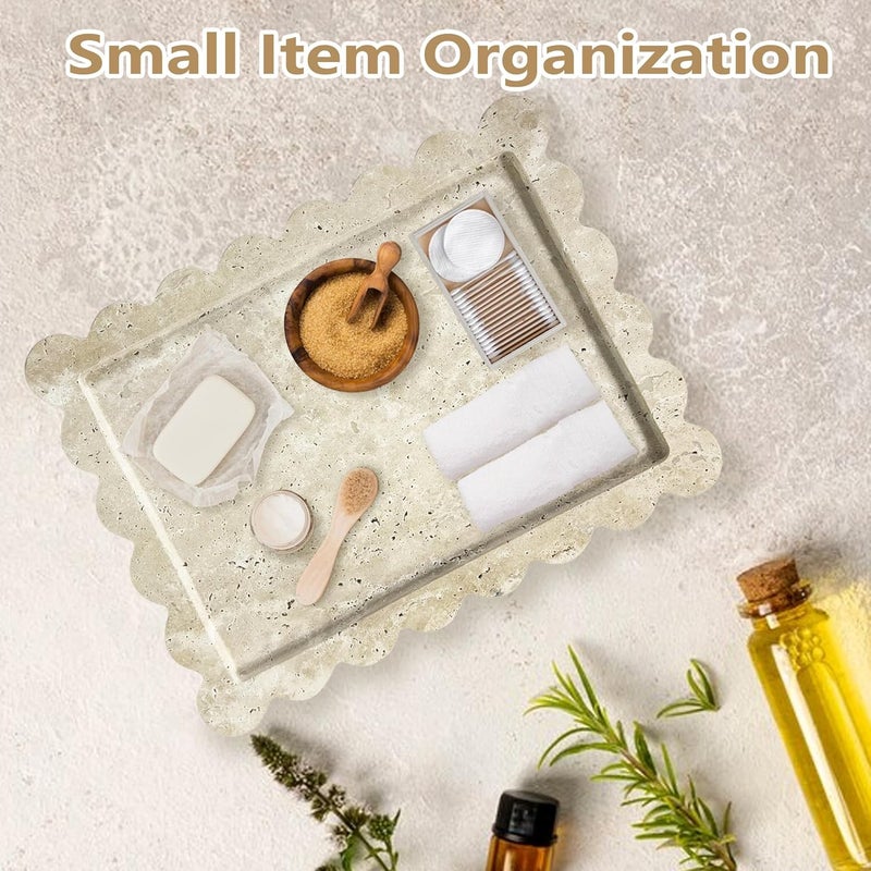 PROLEE Scalloped Marble Tray,Marble Vanity Trays for Bathroom 12" x 9", Scalloped Tray,Wave Appearance Jewelry Home Decor Stone Trays for Kitchen Counter, Bathroom, Beige Travertine - Image 5